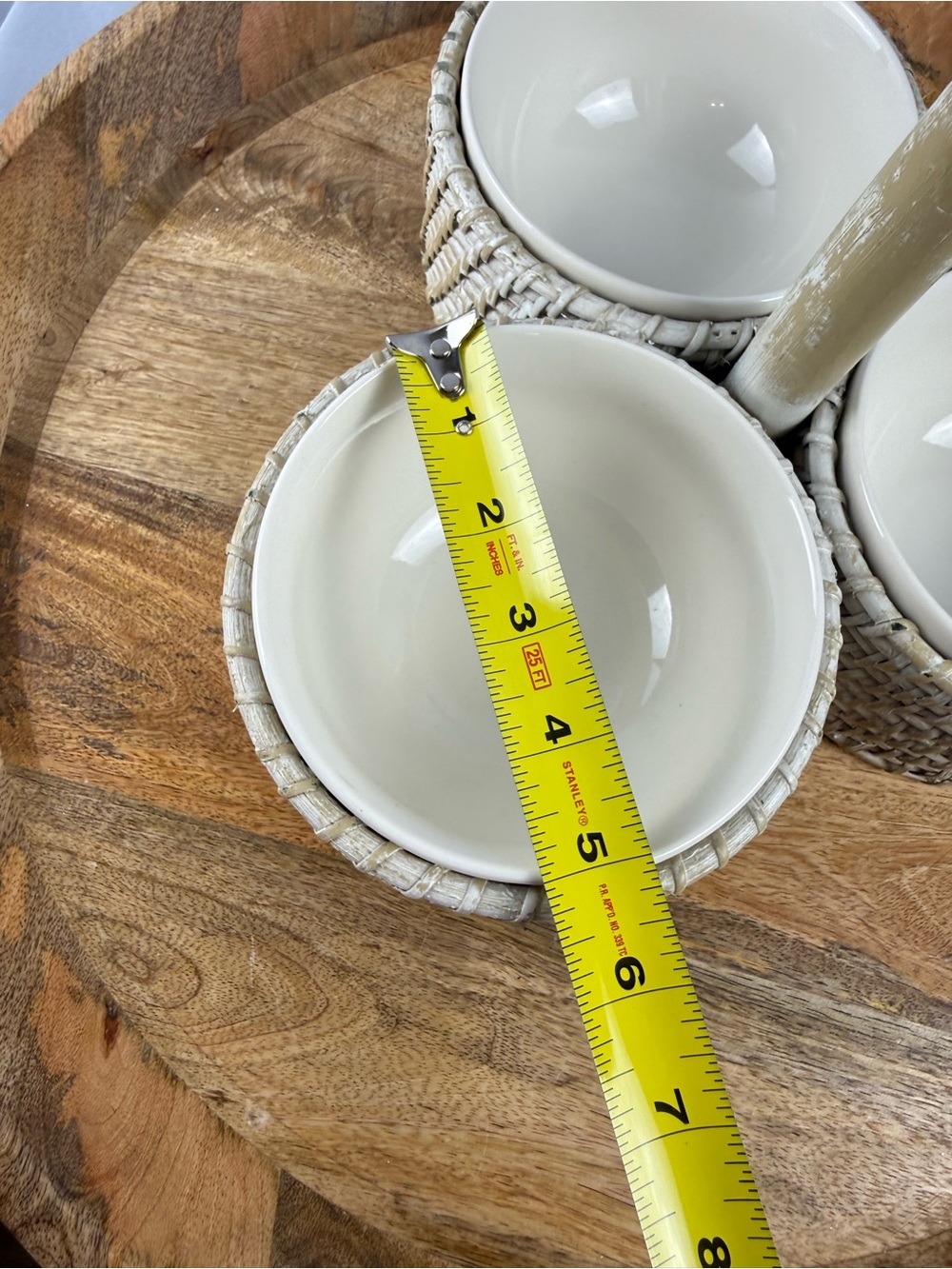 Farmhouse Rattan Dip Bowl Set Rustic Condiment Server Wood Handle - Picture 4 of 10